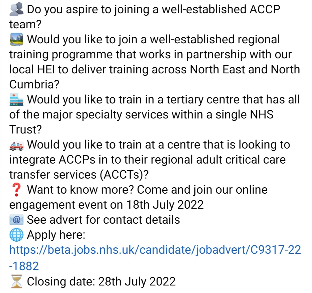 🚨 Calling all aspiring trainee #ACCP s  🏥 We have 4 trainee vacancies <a href="/NewcastleHosps/">Newcastle Hospitals</a> 
💻 Come &amp; join our online engagement event on 18th July
📧 See advert for contact details 
🌐 Apply here: beta.jobs.nhs.uk/candidate/joba…
⏳ Closing date: 28th July 2022