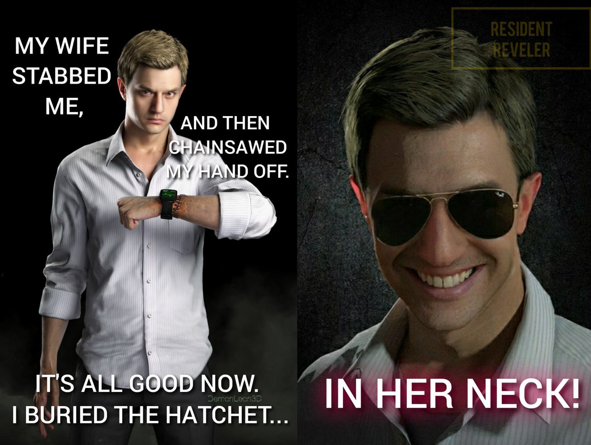 Jen 🏳️‍🌈 on X: Buried the hatchet in RE7 🪓 Some more Resident Evil memes  for all you lovely people! 😂 #ResidentEvil #REBHFun #REBH26th #RE  #JillValentine #BradVickers #LeonKennedy #AshleyGraham #EthanWinters #RE2  #RE3 #
