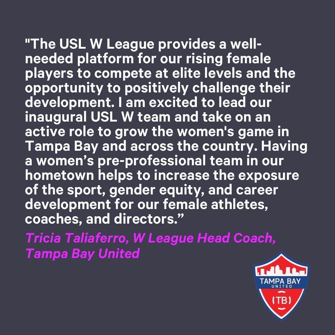 womeninsoccerus's tweet photo. @TampaBayUnited Head Coach Tricia Taliaferro and Sports Performance Coach Clint Stricker on what it means to lead an inaugural @USLWLeague team ⚡️ https://t.co/U9WccyQk5N