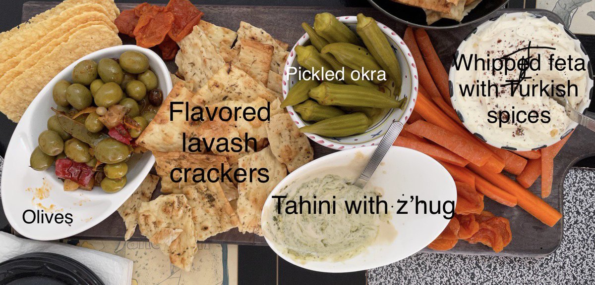 blogappetit's tweet photo. My #tweetyourshabbat focuses on leftovers from this #appetizerboard + my charred eggplant dip (baba gnoush). Havenโt decided on main. Maybe zaโtar grilled fish? Shown is #tahini and #zhug sauce, #whippedfeta dip with Turkish spices, #lavash bread homemade crackers #shabbatdinner https://t.co/MBj3c1H3A6