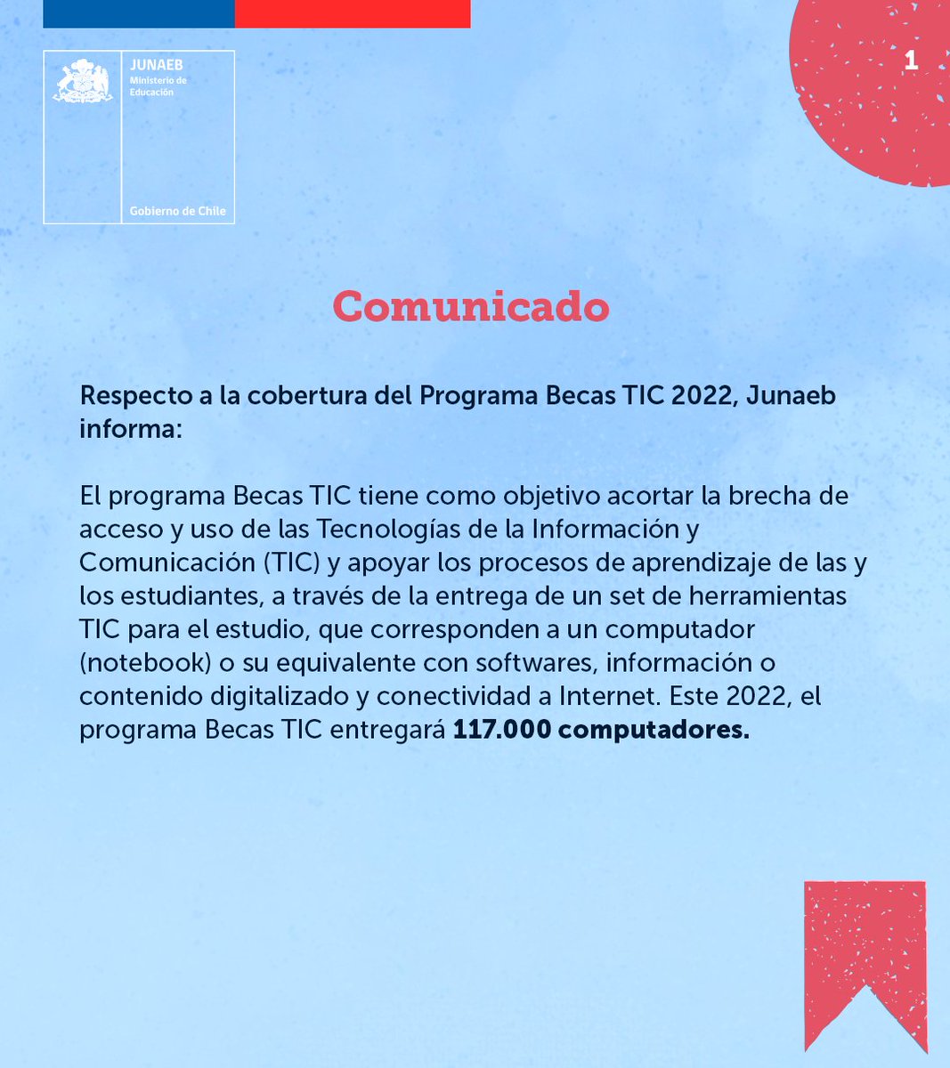 junaeb's tweet photo. A raíz de la preocupación planteada por diversas comunidades educativas y familias por la disminución en la entrega de #BecasTIC de este año, como @equipojunaeb queremos compartir con ustedes nuestra declaración pública.

Léela completa en: https://t.co/6bqjSdaX7O https://t.co/2nYdXApNRv