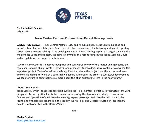 Our Statement issued today on recent developments: