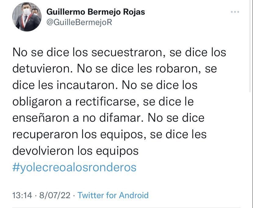 PolloFarsantePe's tweet photo. No se dice desapariciones ni ejecuciones, se dice derrota del terrorismo. No se dice masacre de los penales, se dice restablecimiento del orden. No se dice golpe de Estado, se dice recuperación de la Patria. No se dice ronderos, se dice delincuentes comunes. https://t.co/2hv2ujMaur