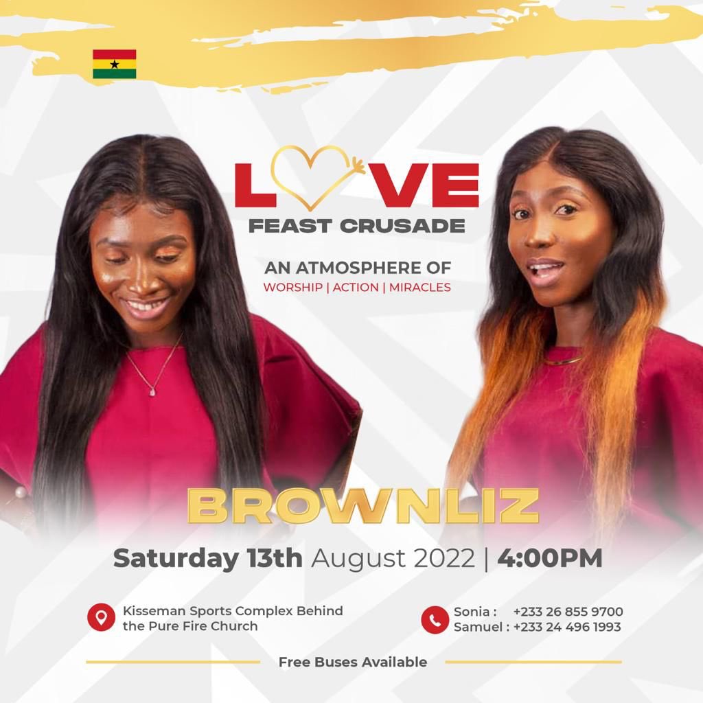 vpjglobal's tweet photo. The Brownliz will be available for this years “Love Feast Crusade” at Kisseman Sports Complex on Saturday 13th August 2022. Don’t miss out this experience 🌴cc @RestusLSE @Jayshadymusic 

#urbangospel #gospelblog https://t.co/TilDLeMzoI