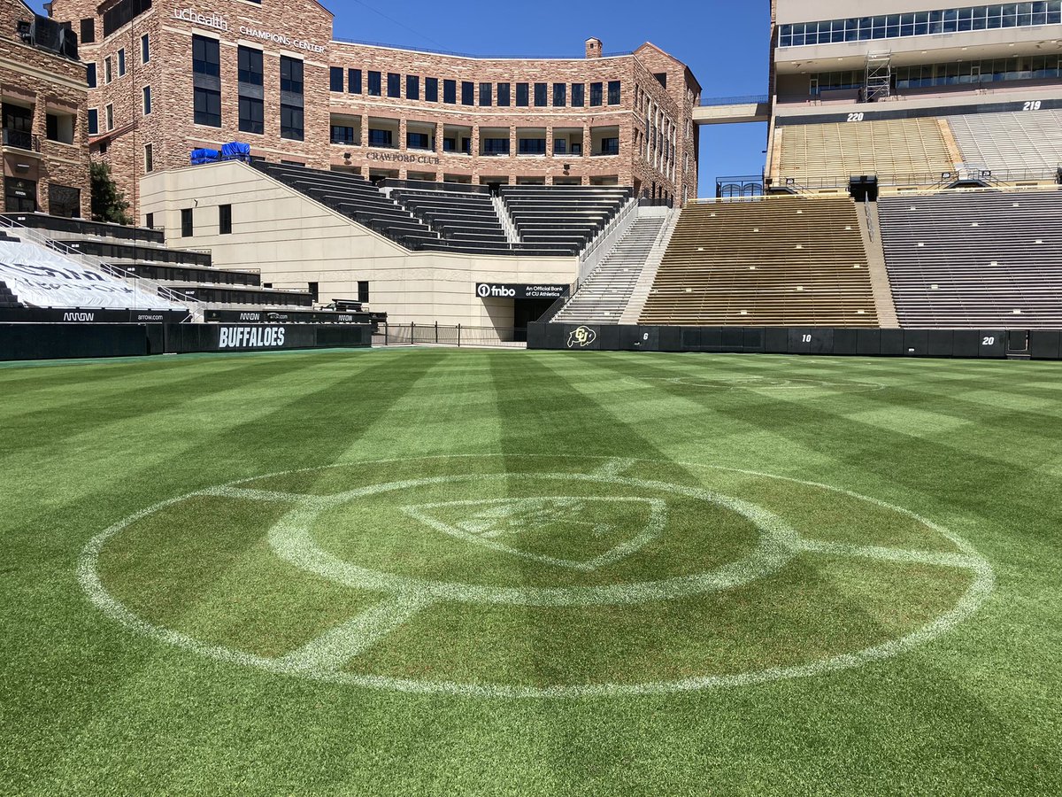 CUBuffsTurf's tweet photo. Double cut and Folsom is ready for the weekend as the #TopGolfLive targets fade and the corners are growing in after @deadandcompany concerts. Eight weeks until @CUBuffsFootball home opener. #GoBuffs #Team1stClass #DominateDetails #AttitudeAndEffort #5Ps https://t.co/lb7pxtxf5n