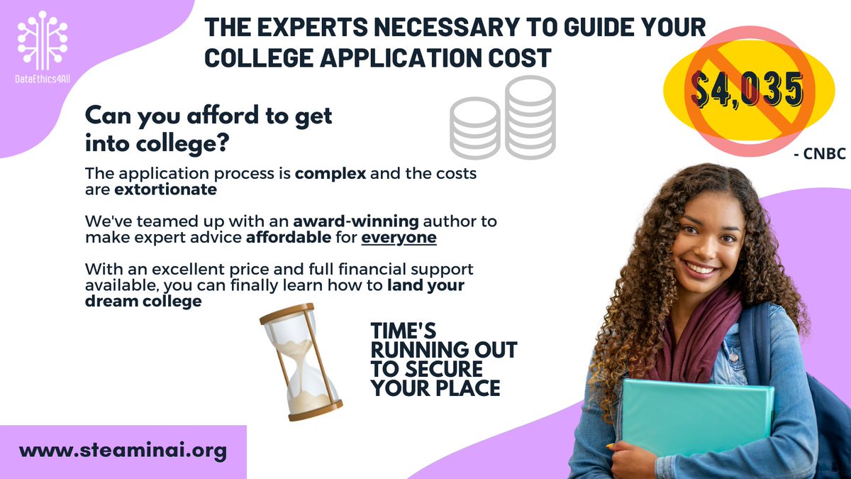 DataEthics4All's tweet photo. Let’s get every student into college, no matter the cost! Please like, comment and retweet to get the word out to all our fabulous #risingseniors!
@ScholAmerica @TeachForAmerica
#collegeessay #steaminai #collegeprep #collegeapplications #commonapp #risinghighschoolseniors https://t.co/cYzF02zBUP