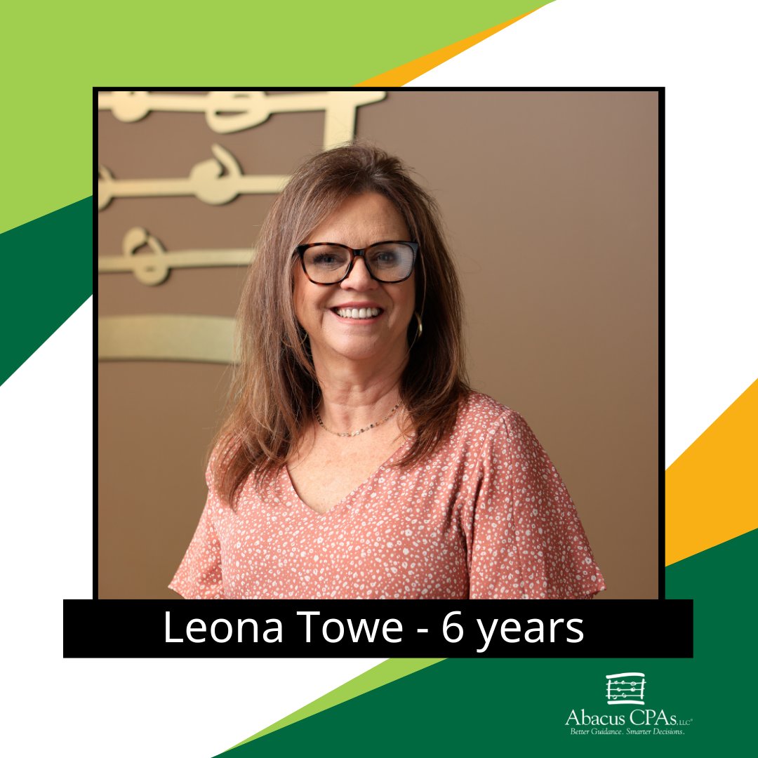 AbacusCPAsLLC's tweet photo. Congratulations to Leona Towe on celebrating 6 years with Abacus CPAs, LLC! She is a Senior Executive Assistant in our Springfield Office.

Leona is a dependable employee and creates a professional work environment by operating with excellence. https://t.co/K2nz4rmk91