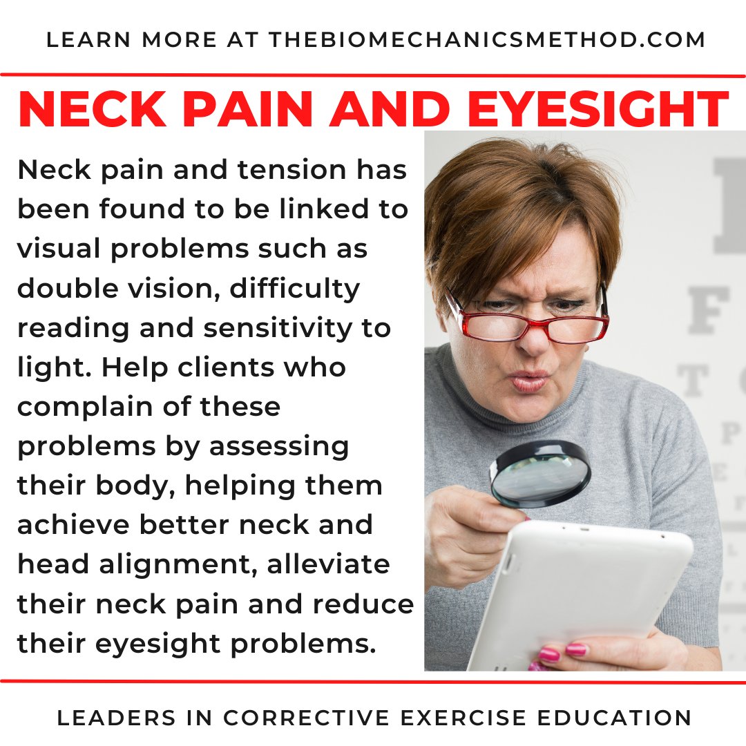 TheBioMechanics's tweet image. Neck pain can lead to #eyesightproblems. Use your assessment and corrective exercise skills to help these people alleviate their visual issues.