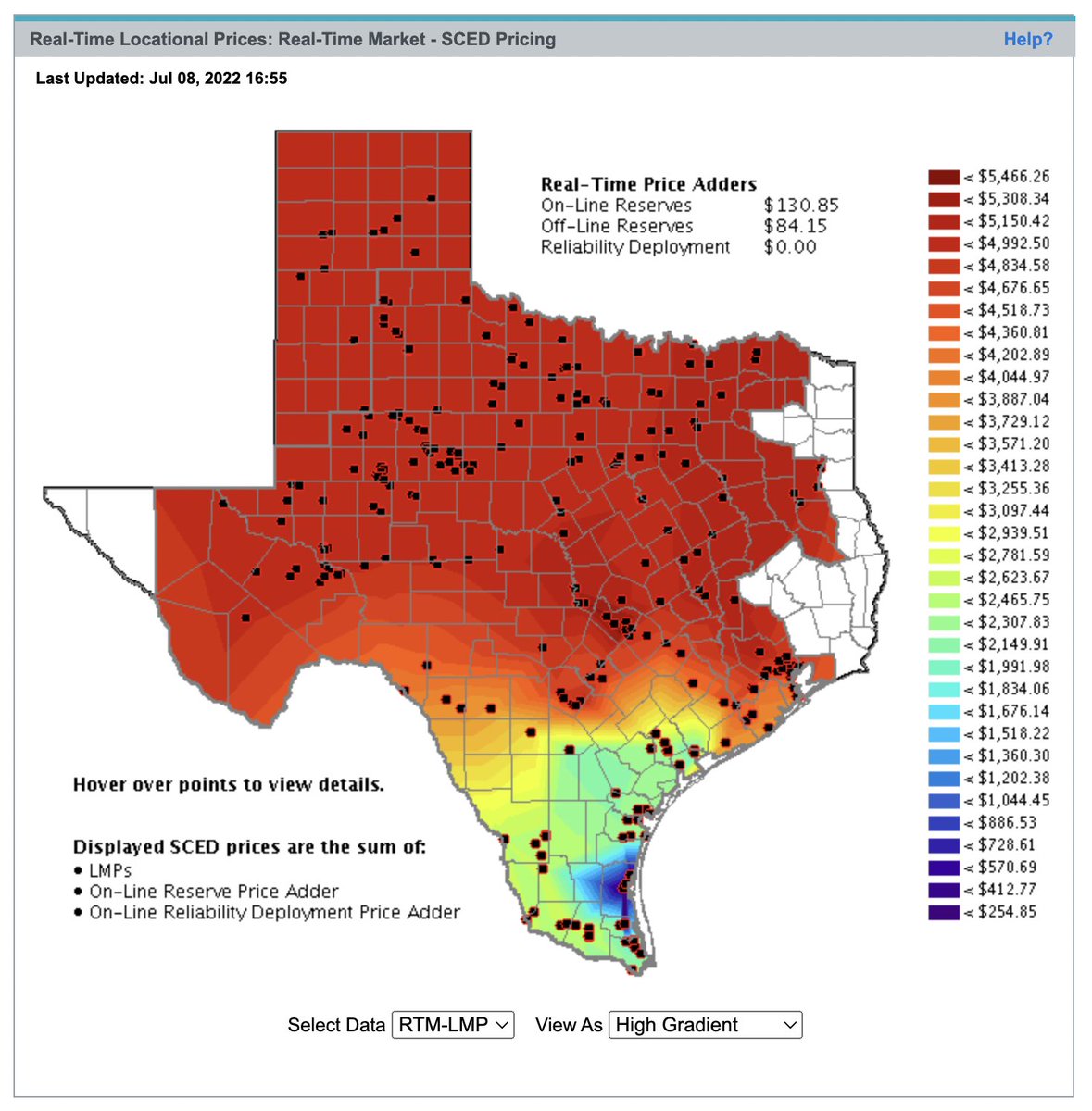 mattlargey's tweet photo. Real-time electricity prices in ERCOT are at or near the cap in much of the state as we approach peak demand with little spare capacity. https://t.co/ND17b01Dzp