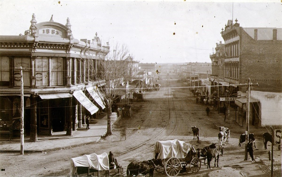 TracesofTexas's tweet photo. Wagons pulling into El Paso, 1890s. It's kind of crazy to see cattle just roaming free in the street.  Wonderful photo. https://t.co/XkvTj5qtTQ