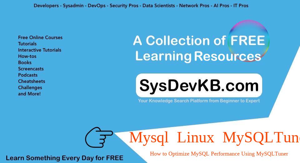 WebHostingSaver's tweet image. Check: How to Optimize MySQL Performance Using MySQLTuner added to SysDevKB.com
#Mysql #Linux #MySQLTuner  #Databases #Mysql #MSSQL #SQL #Postgresql #NoSQL