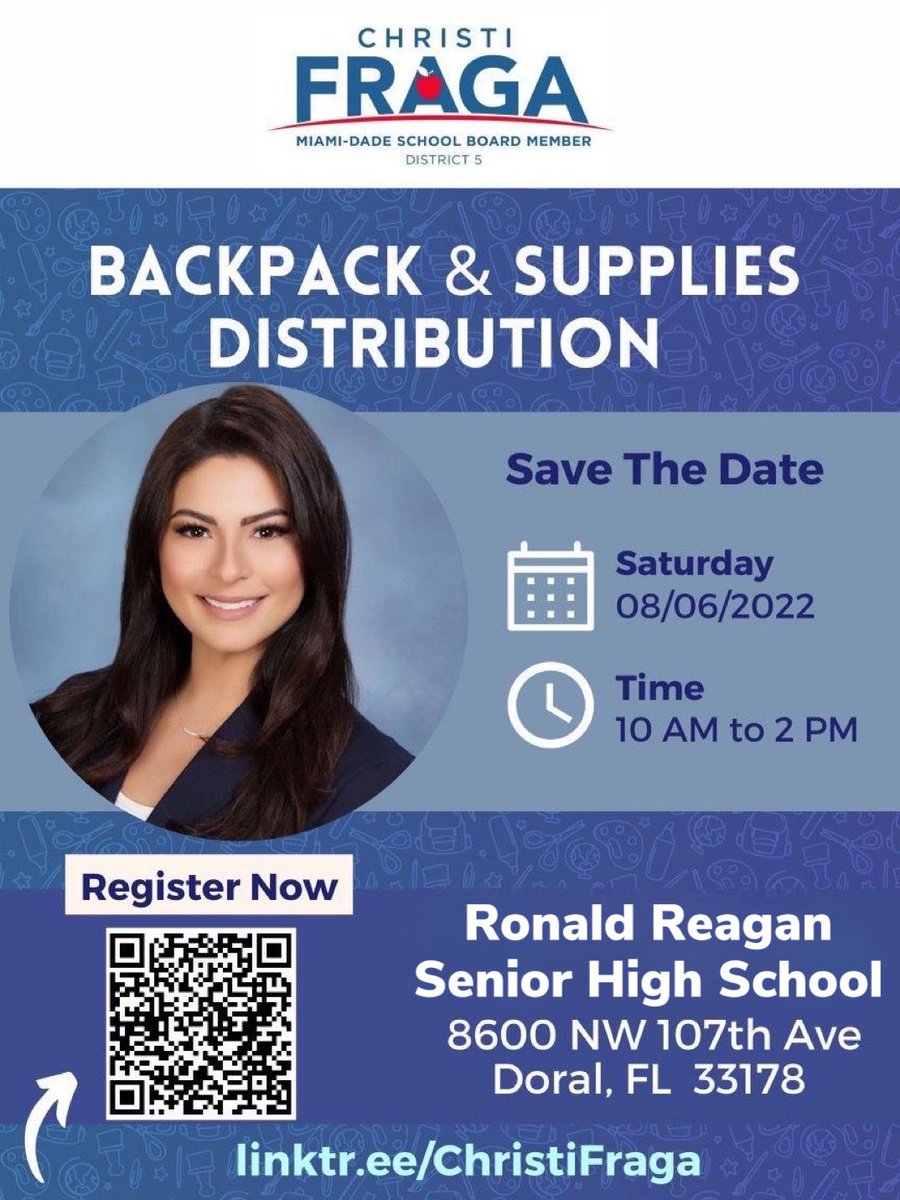 rubendariomcs's tweet photo. RDMS Families, join School Board Member @ChristiFraga on 8/6/22 from 10-2 for the Annual District 5️⃣ Backpack & Supplies Distribution at @BisonofDoral. 🎒📓✏️ REGISTER HERE ➡️ https://t.co/yHasDOFv3B @SuptDotres @MjLewis13 @MDCPSCommunity @MDCPSCentral https://t.co/4SqIwuDD10