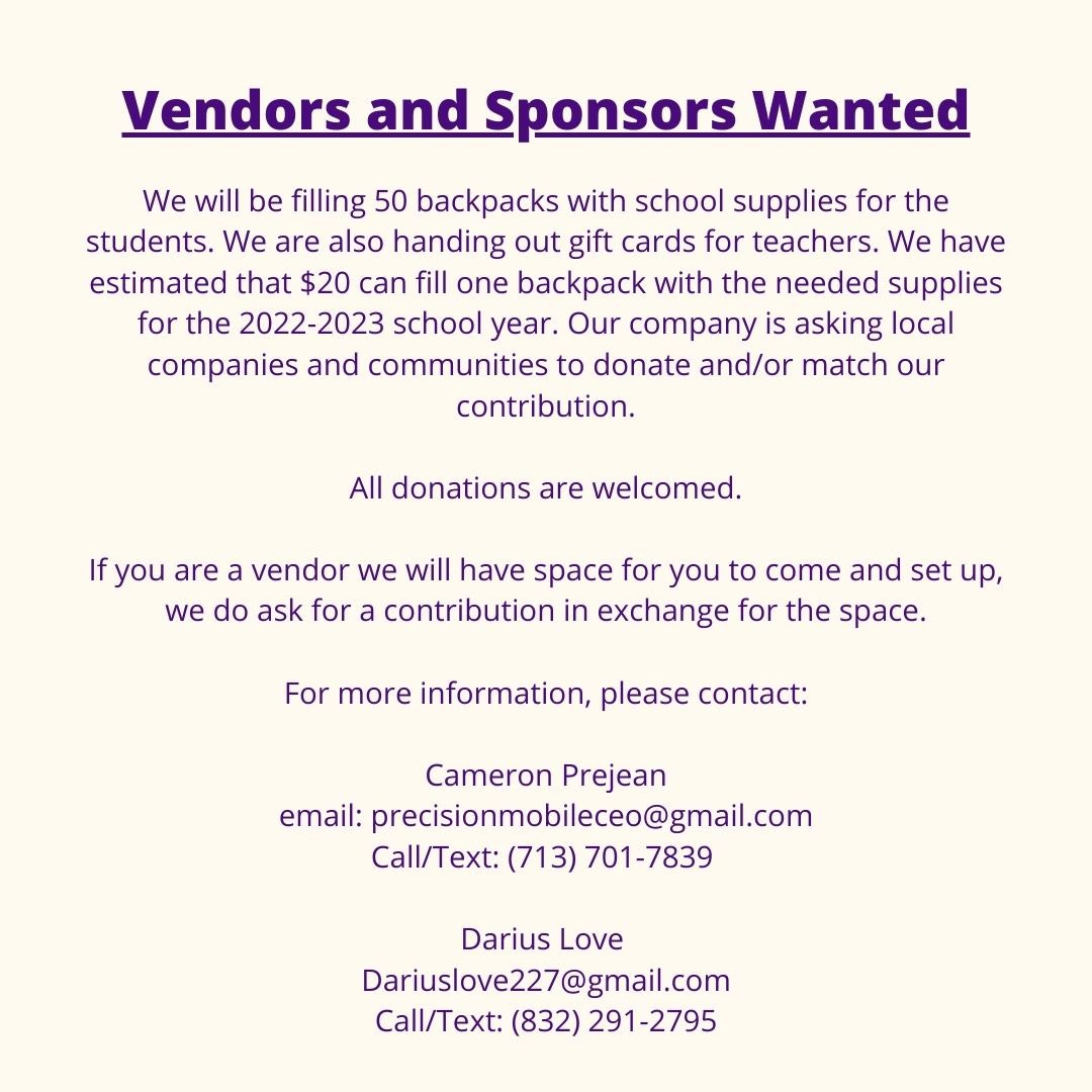 precision_htx's tweet photo. We are excited to announce our FIRST Community engagement event, The Back to School Supplies Drive / Block Party!! All supplies and donations will be to provide Students AND Teachers with the necessary items needed for the new school year.

We are inviting ALL of Houston to come! https://t.co/eMov4GeD4p