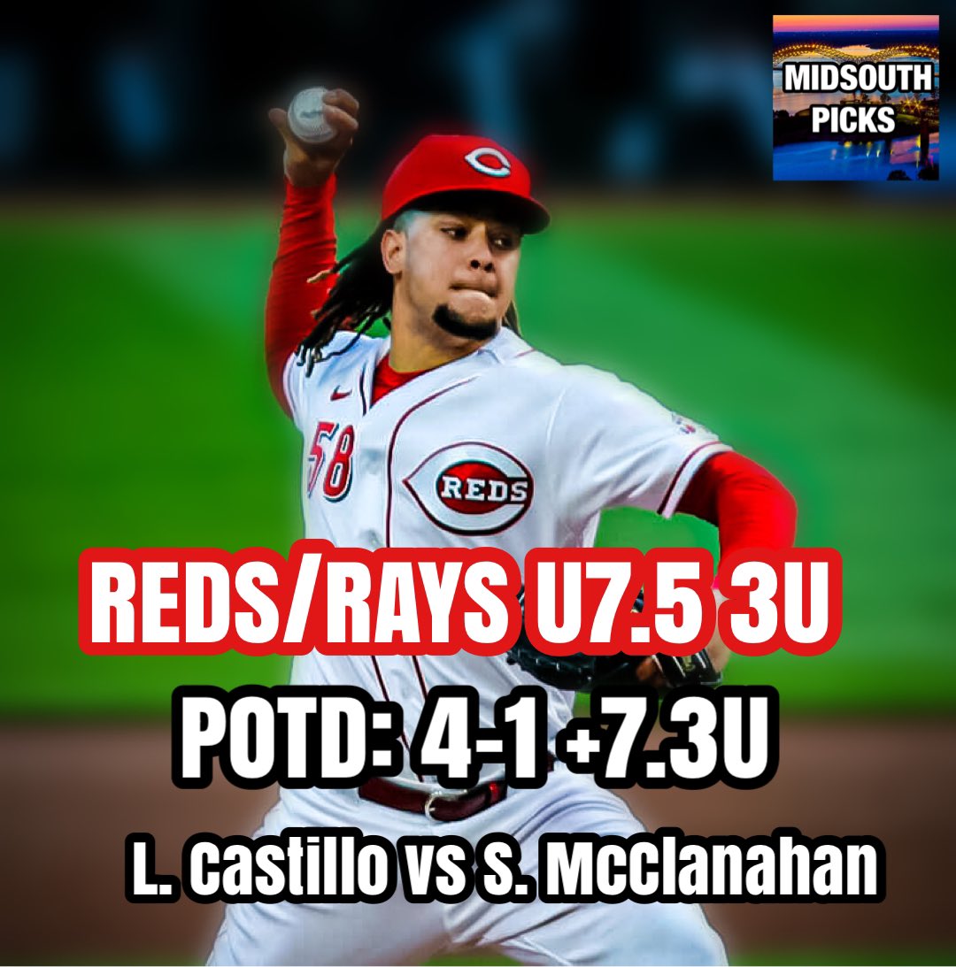 midsouthpicks's tweet photo. POTD 3U ON FIRE 🔥 IS…. 

Reds/Rays U7.5 Runs 3U 

Let’s Keep This Train Rolling… 5 likes for another FREE PICK

#FreeBet #FreePick #Reds #Rays #LetsEat #FreeMoney #LuisCastillo #TampaBayRays #ShaneMcClanahan #CincinattiReds #FanDuel #DraftKings https://t.co/LfizCEU2Gc