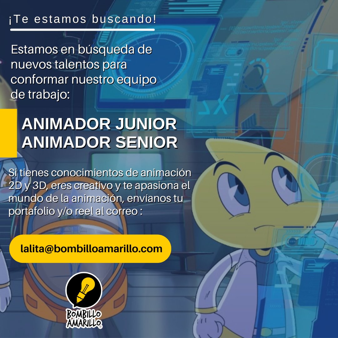 BOMBILLO AMARILLO® (@b_amarillo) on Twitter photo Convocatoria Abierta
En <a href="/B_AMARILLO/">BOMBILLO AMARILLO®</a> estamos buscando personas con conocimientos en animación 2D o 3D, muchas ganas de aprender, y sobretodo, que tengan el bombillo bien prendido 💡💡.
Envía tu hoja de vida, portafolio y/o reel al correo: lalita@bombilloamarillo.com
#trabajosihay Convocatoria Abierta
En <a href="/B_AMARILLO/">BOMBILLO AMARILLO®</a> estamos buscando personas con conocimientos en animación 2D o 3D, muchas ganas de aprender, y sobretodo, que tengan el bombillo bien prendido 💡💡.
Envía tu hoja de vida, portafolio y/o reel al correo: lalita@bombilloamarillo.com
#trabajosihay