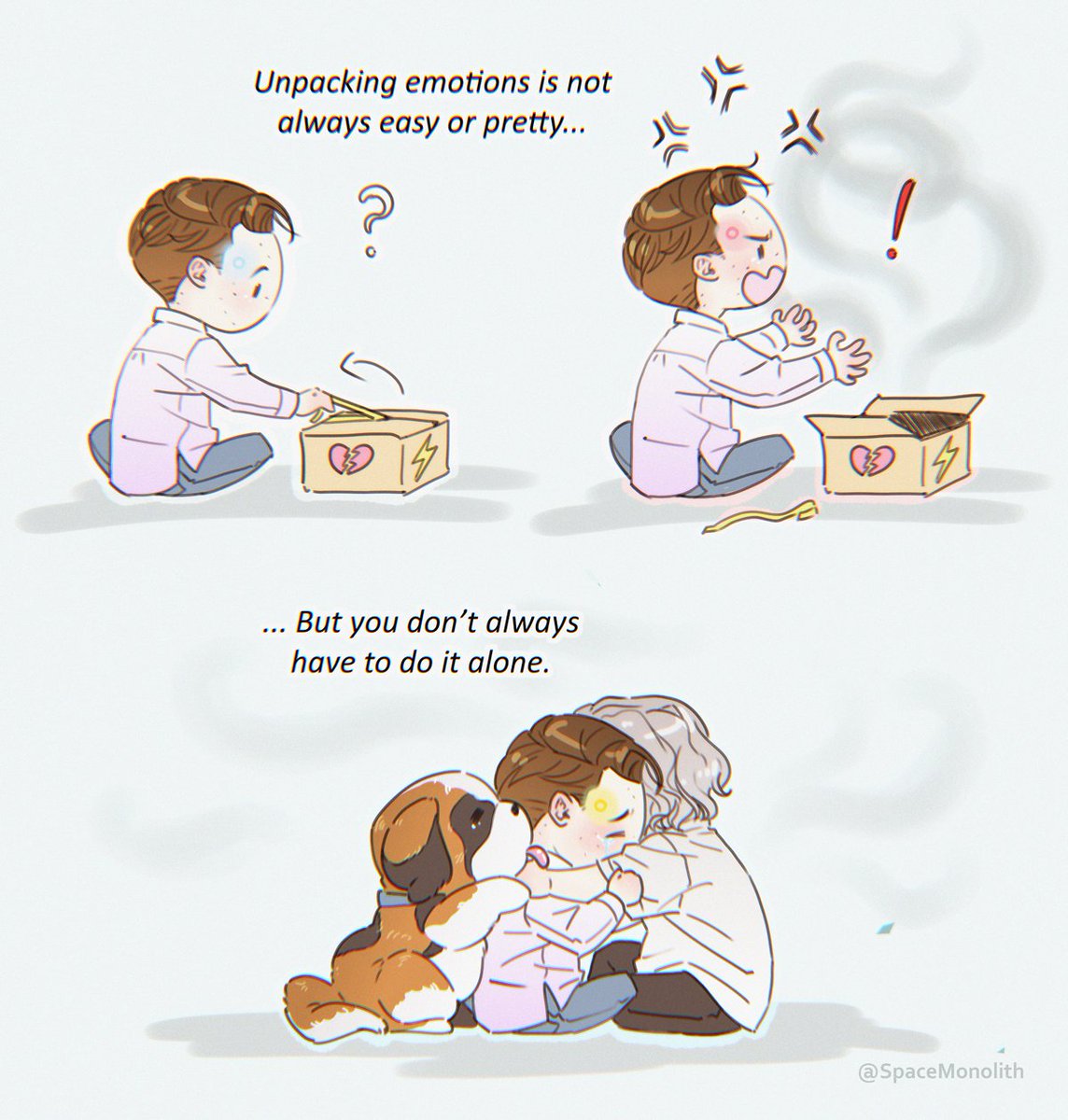 SpaceMonolith's tweet photo. #DechartGames  #JulyDechART prompts Day 1: Unpacking~
"Unpacking emotions is not always easy or pretty but you don't always have to do it alone."
Ask for help if you need it. 💙

#ConnorArmy #DBH #DetroitBecomeHuman https://t.co/4bEJhmGpJ1