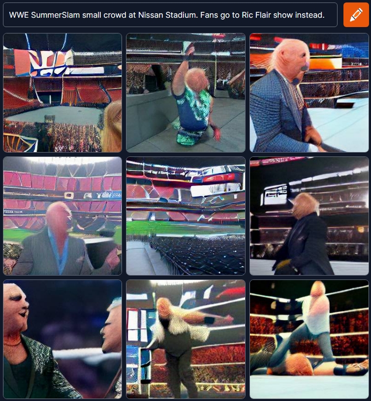 WrestlingAI's tweet photo. WWE SummerSlam small crowd at Nissan Stadium. Fans go to Ric Flair show instead. 

#DALL·E #craiyon #wrestling #AI #draw #modeling #CPUimaging #WrestlingAI https://t.co/ErcfOpKcY4