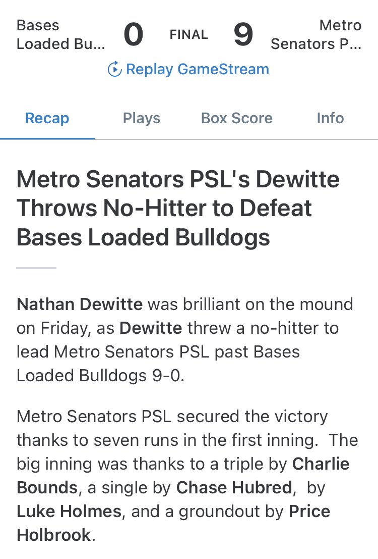 Another no hitter for #metrosenators PSL. 3 in the span of a week. 2 in two days. Never seen it before. 

<a href="/dewitte_nathan/">Nathan DeWitte</a> zero hits given up in his last 10 innings on the mound