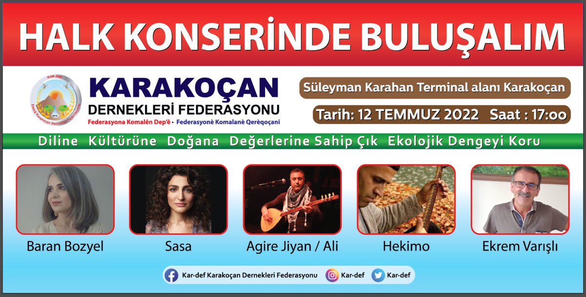 kar_def's tweet photo. Sevdalısı olduğumuz Karakoçan’ımızda buluşmak ve Özlem yüklü yürekleri o güzel topraklarla harmanlamak için gerçekleştireceğimiz Halk Konserimize tüm dostları ve halkımızı davet ediyoruz.

#Karakoçan
#Elazığ
#Bingöl
#Dersim
#Kardef
#müzik
#Konser https://t.co/OWe4mP7df4