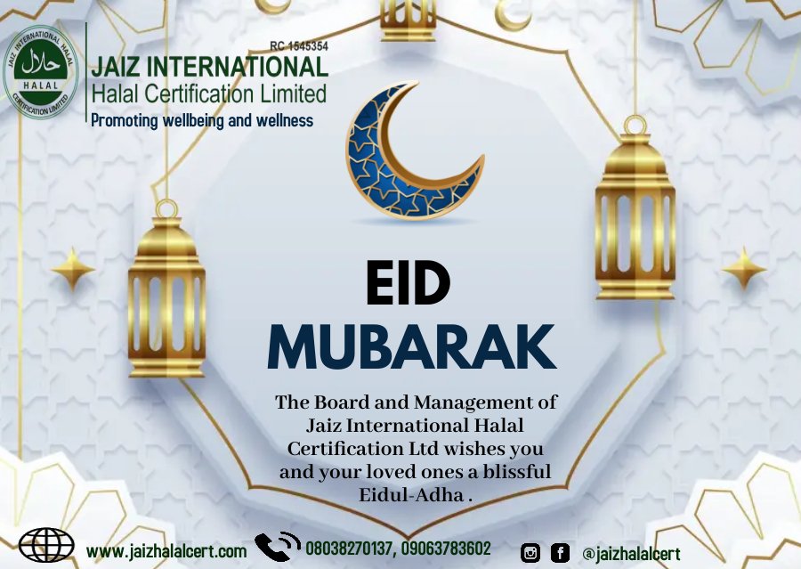 jaizhalalcert's tweet photo. Eidul-Adha Mubarak!

#eidmubarak
#eiduladha2022
#halallifestyle
#halalfashion
#halalnigeria
#halal
#halalindustry https://t.co/Yol3S5ERSJ