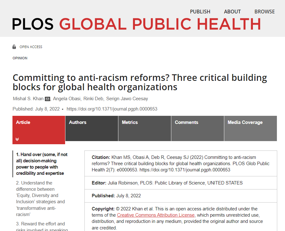 PLOSGPH's tweet photo. NEW opinion by @DrMishalK, @Obasi_TropMed, @rinkimdeb &amp; Serign Jawo Ceesay:

Committing to anti-racism reforms? Three critical building blocks for global health organizations

https://t.co/B7JSalBLpe https://t.co/EjY3z6e0Bu