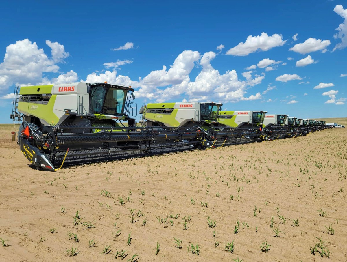 TaylorImplement's tweet photo. 🎶 'Cause we got a great big convoy 🎶

Today was delivery day of 12 - yes, 12 - CLAAS #LEXION 7500 combines with Honey Bee SP36 Grain Belt headers to one of our great customers in Byers, Colo.! What a sight!

📷: Andy L.

#TaylorImplement #CLAAS #HarvestFaster #Harvest22 https://t.co/oRga0YdM18