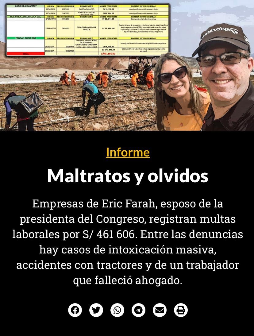 Las tres empresas de Eric Farah Bote, esposo de la presidenta del Congreso , <a href="/MaricarmenAlvaP/">Maricarmen Alva</a> , han sido multadas por casi medio millón de soles por denuncias laborales que han causado hasta la muerte de un trabajador. <a href="/elfoco_pe/">El Foco</a> 🧵(1/4)