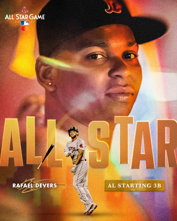 Headshot of Rafael Devers with a cutout of Devers tossing his bat. Graphic reads "All-Star Rafael Devers: AL Starting 3B"