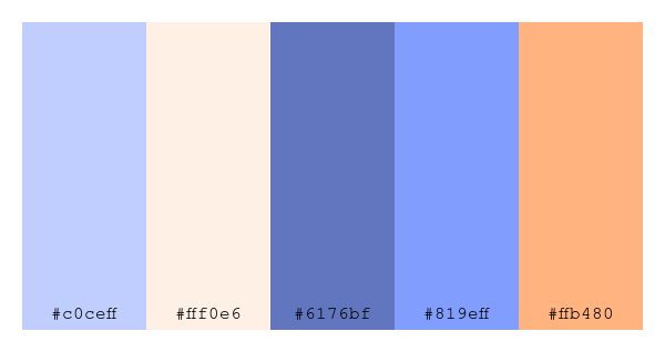 ColPaletteBot's tweet photo. Beep beep, here's a pretty color palette for you!
color-scheme.js parameters used:
- hue: 242
- variation: light
- colors: #c0ceff, #fff0e6, #6176bf, #819eff, #ffb480
Have a lovely evening!
#twitterbot #colorpalette #colors #palette #prettycolors https://t.co/efKP6QBQ0p
