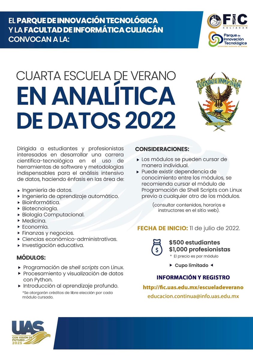 uasoficialmx's tweet photo. Convocan a la Escuela de Verano en Analítica de Datos 2022

ℹ️ https://t.co/SbfJy1du4O https://t.co/ihNESJxgmO