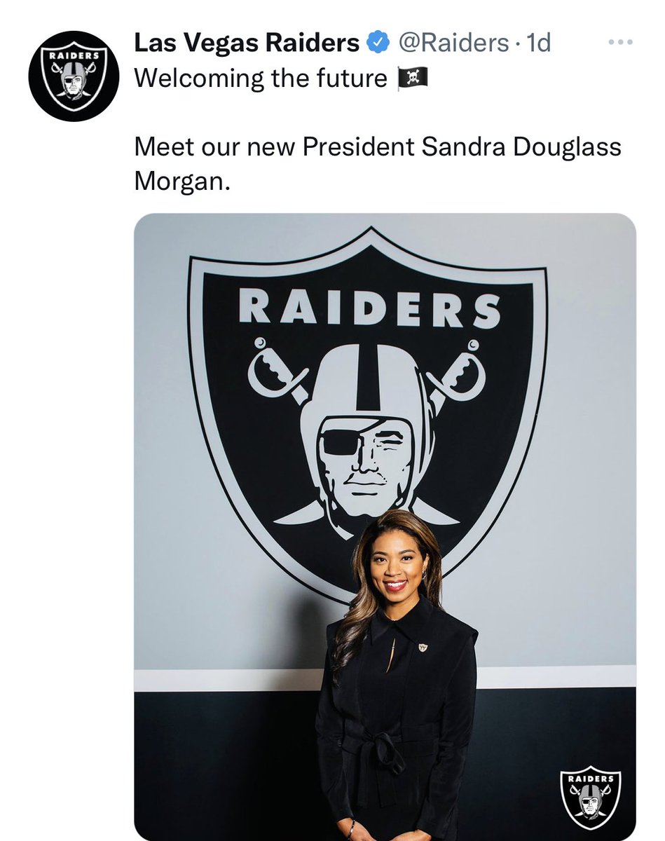 _ZeroGap's tweet photo. Congratulations to Sandra Douglass Morgan, the new President of the Las Vegas Raiders. 

She is the first Black woman to become a team president in NFL history. ✊🏾👏🏾🏈 https://t.co/zRGNevKKov