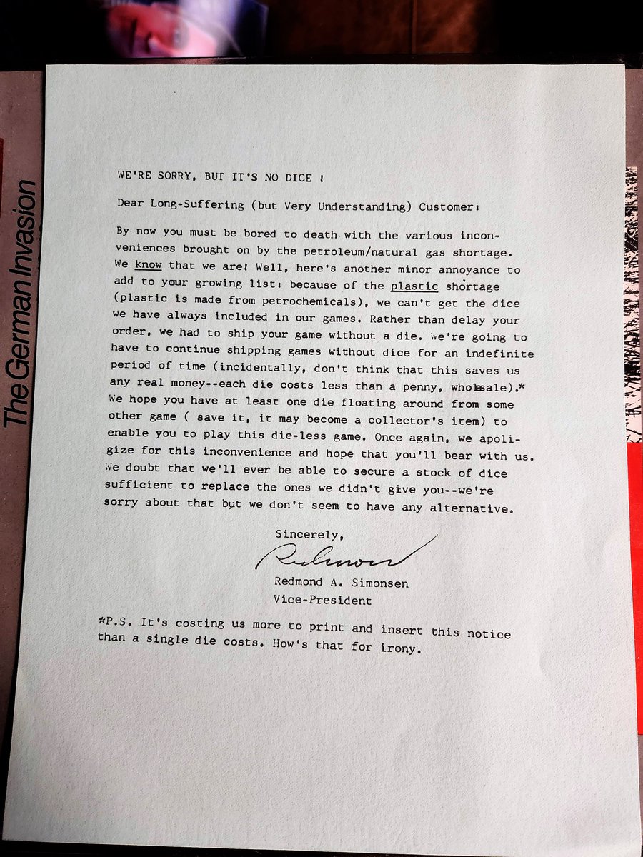RobFactor's tweet image. &quot;We&apos;re sorry, but it&apos;s NO DICE!&quot;...
&quot;How&apos;s that for irony?&quot; 
The rapier-like wit that SPI staff emitted in the 70s is beyond priceless. I&apos;m sad to never have met Redmond A. Simonsen, for he must have been a giant amongst mortals. #70sEnergyCrisis @RBMStudio1 @markherman54