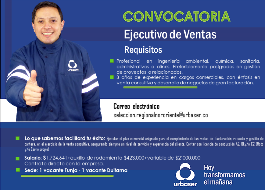 #OportunidadLaboral para Ejecutivos de Ventas 

Hojas de vida a: seleccion.regionalnororiente@urbaser.co o vía WhatsApp al: 312 4649653

#Urbaser #Tunja #Duitama