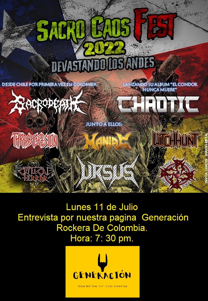 ChaoticthrashUN's tweet photo. Este lunes a las 7:30 PM, estaremos las bandas participantes del #SACROCAOSFEST compartiendo una charla con  #GeneraciónRockeradeColombia hablando de los detalles de este brutal concierto que se llevará a cabo el próximo sábado 16 de julio en Jersey BAR (Plaza de las Américas) https://t.co/ck2dAMB1PB