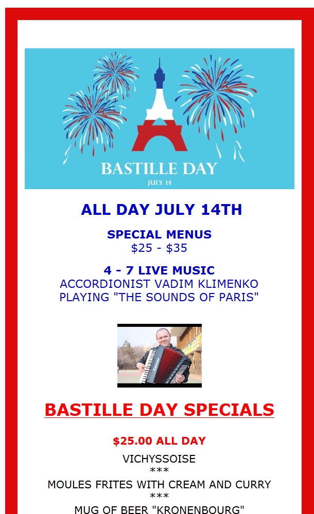 Bastille Day JULY 14TH Caribou cafe bit.ly/3nQaPGa
