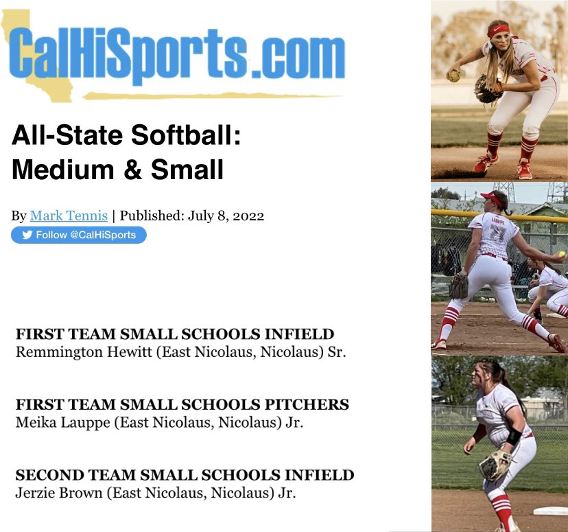 East Nicolaus HS Softball (@enhs_softball) on Twitter photo Congratulations to Remmington Hewitt and Meika Lauppe for earning First Team All-State and Jerzie Brown for earning Second Team. <a href="/RemmingtonDean/">Remmington Hewitt</a> <a href="/JerzieBrown/">Jerzie Brown</a> <a href="/CalHiSports/">Cal-Hi Sports</a> calhisports.com/2022/07/08/all⦠Congratulations to Remmington Hewitt and Meika Lauppe for earning First Team All-State and Jerzie Brown for earning Second Team. <a href="/RemmingtonDean/">Remmington Hewitt</a> <a href="/JerzieBrown/">Jerzie Brown</a> <a href="/CalHiSports/">Cal-Hi Sports</a> calhisports.com/2022/07/08/allā¦