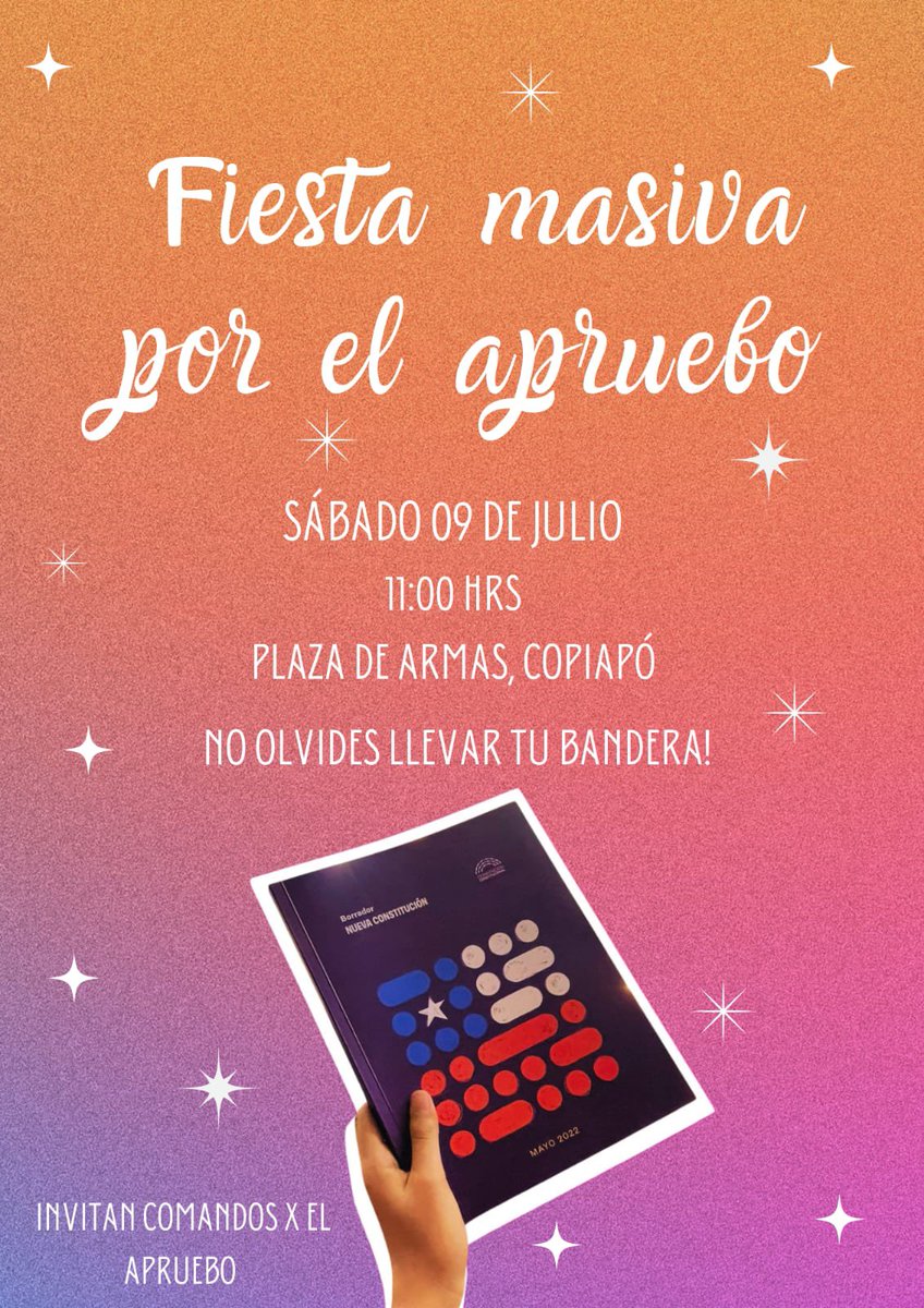 Todos y todas invitados e invitadas a un Acto Central por #ElApruebo en Plaza de Armas de nuestra comuna de #Copiapo a partir de las 11:00 hrs junto a l@s convencionales <a href="/isabelgodoym/">Isabel Godoy Monardez</a> <a href="/ErickaPortillaB/">Ericka Portilla</a> <a href="/isabelgodoym/">Isabel Godoy Monardez</a> <a href="/CotaSanJuan/">Cota San Juan Standen</a> <a href="/MaxHurtadoR/">Maximiliano Hurtado</a> <a href="/GuillermoNamor/">Guillermo Namor Kong</a> 

#AprueboSinMiedo 🌱