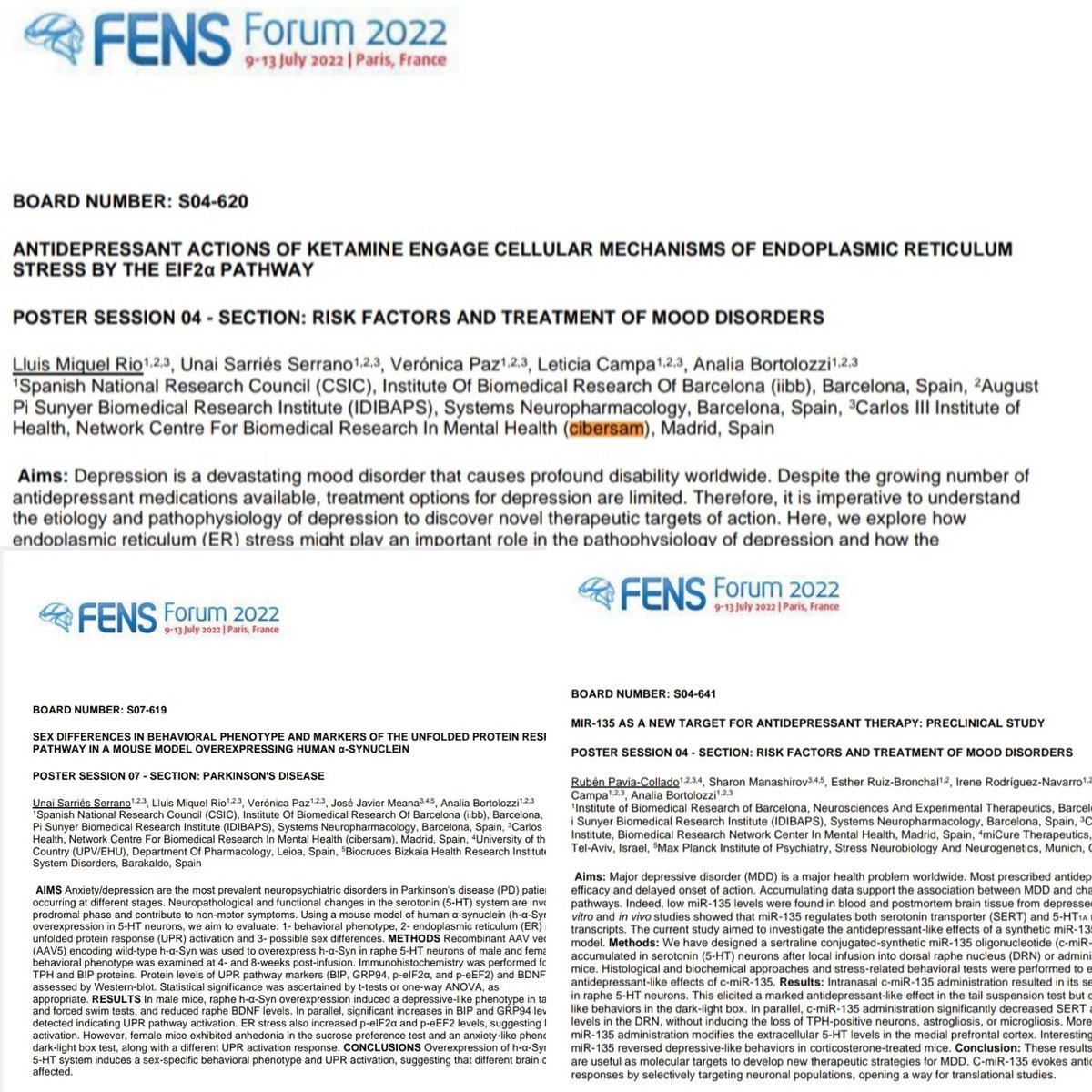 Analia Bortolozzi (@aabortolozzi) on Twitter photo We are attending the #FENS2022. This is a summary of our posters <a href="/aabortolozzi/">Analia Bortolozzi</a> lab. <a href="/LluisMiquel11/">Lluis Miquel</a>
<a href="/USarriesSerrano/">Unai Sarriés Serrano</a> #RubenPavia
will present it to all those interested in ER stress, ketamine, and miR135. MDD/PD @CIBER_SAM <a href="/FENSorg/">FENS</a> <a href="/iibbcsic/">IIBB - CSIC</a> We are attending the #FENS2022. This is a summary of our posters <a href="/aabortolozzi/">Analia Bortolozzi</a> lab. <a href="/LluisMiquel11/">Lluis Miquel</a>
<a href="/USarriesSerrano/">Unai Sarriés Serrano</a> #RubenPavia
will present it to all those interested in ER stress, ketamine, and miR135. MDD/PD @CIBER_SAM <a href="/FENSorg/">FENS</a> <a href="/iibbcsic/">IIBB - CSIC</a>