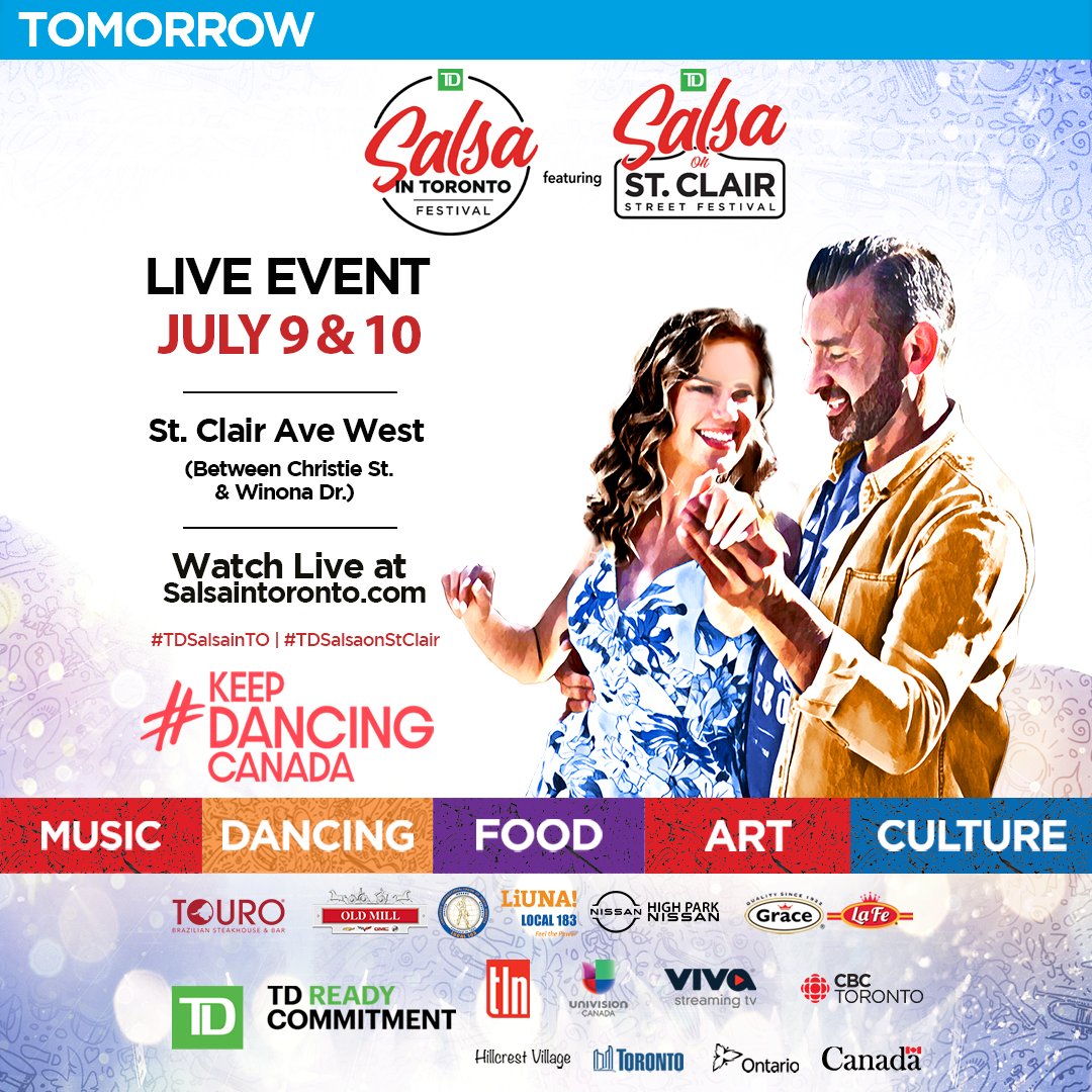 TLNTV's tweet photo. π The #TDSalsaInTorontoFestival starts TOMORROW in the Hillcrest BIA, on St. Clair Ave West, from Winona Dr to Christie St.
π Itβs going to be the hottest festival of the year!
#KeepDancingCanada #TDSalsainTO https://t.co/6vcyCQQOFI