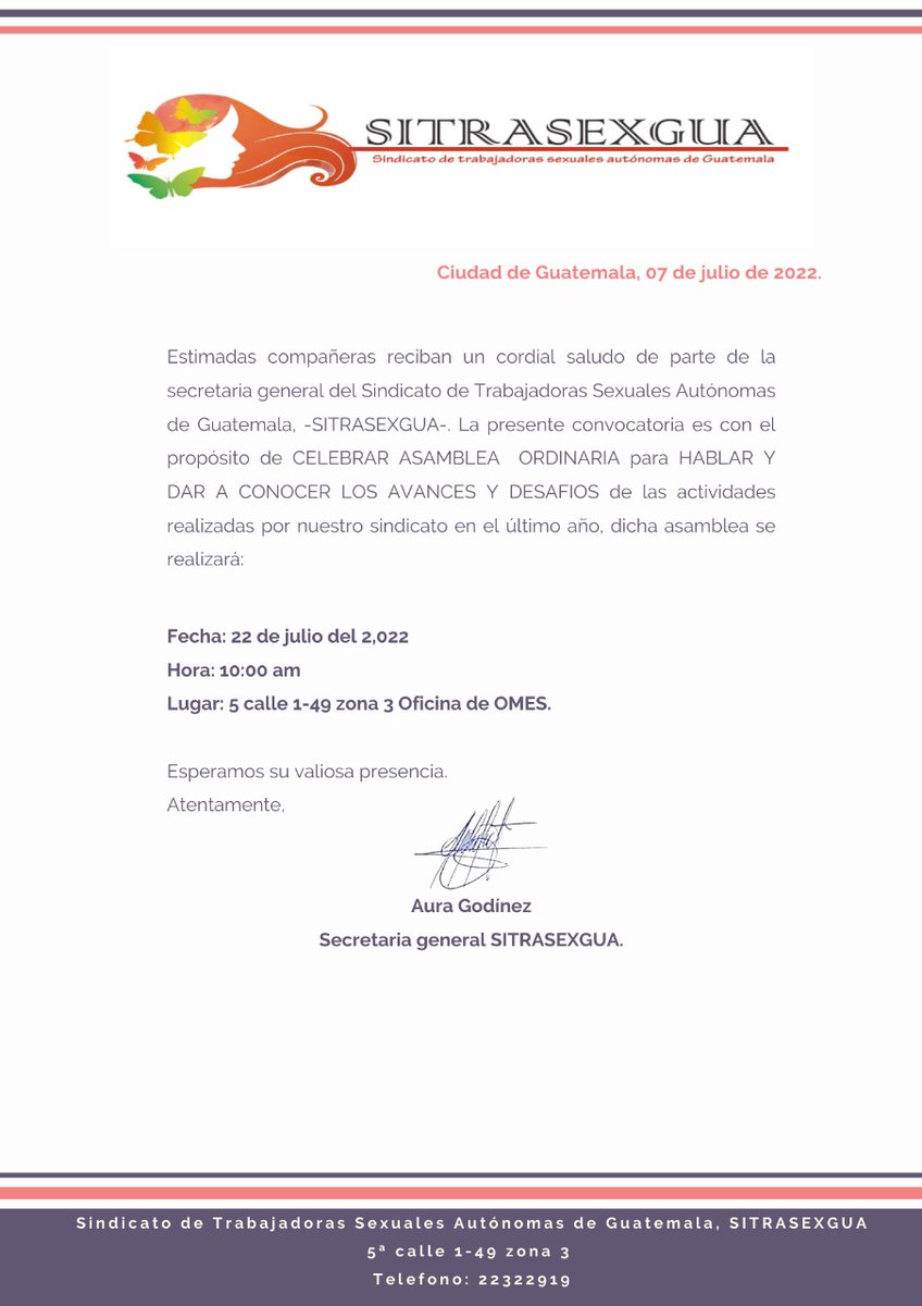sitrasexgua's tweet photo. Convocatoria a nuestras compañeras a participar de nuestra proxima asamblea @omesguate #TrabajoSexualEsTrabajo. https://t.co/GJ0ELeqV2y