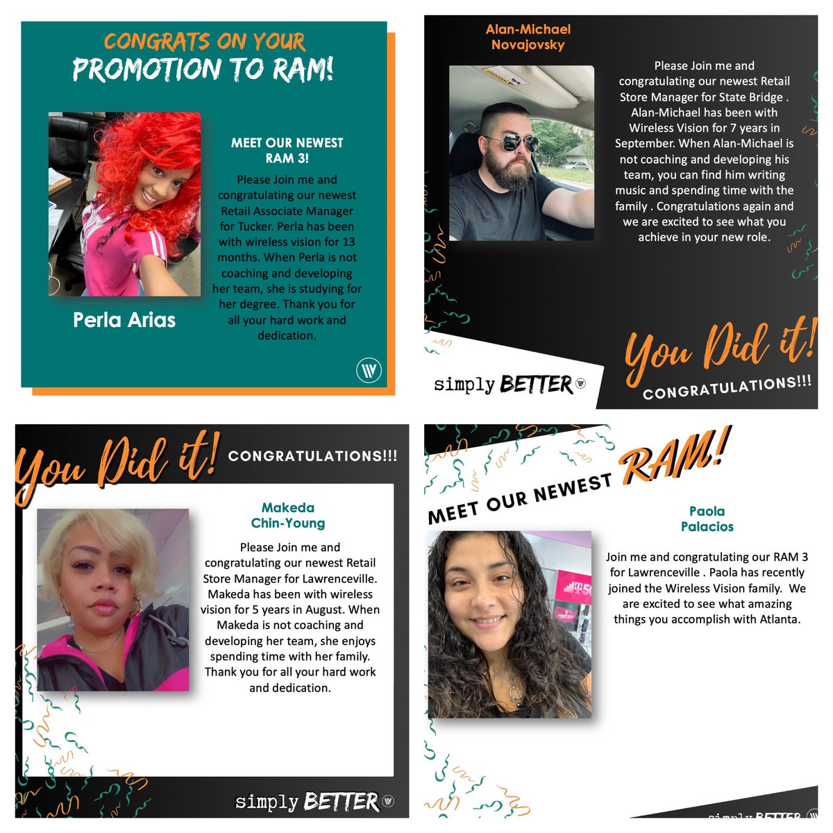 It’s an honor to announce our Newest Retail Store Manager Makeda Chin-Young and Alan-Michael Novajovsky!! 🥳🥳🥳 We also have our new RAM 3’s Perla Arias and Paola Palacios!! 🥳🥳🥳 #WVCulture #atlanta @WirelessVision
