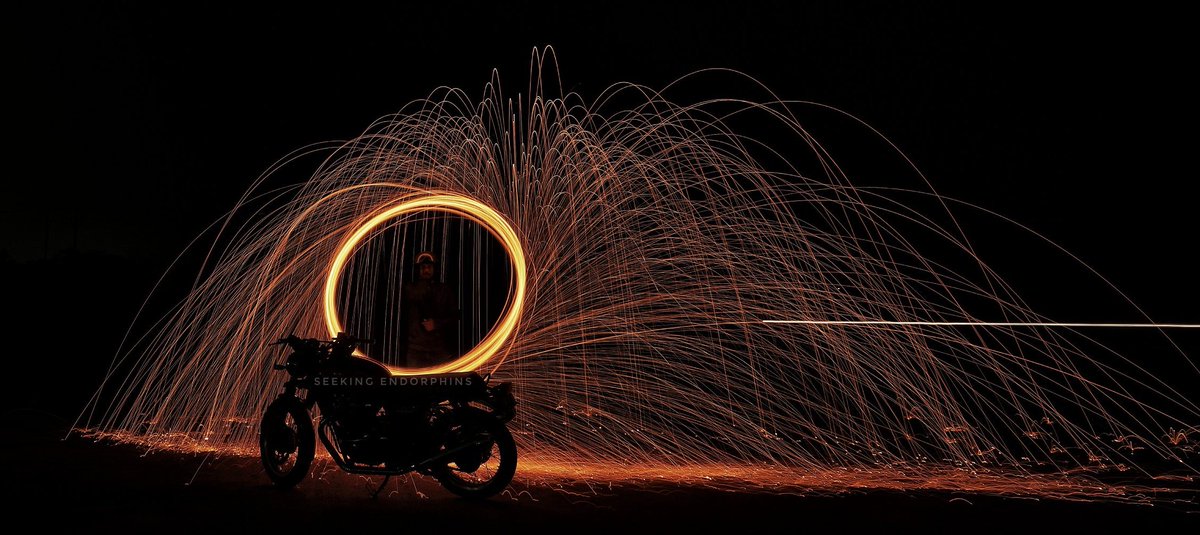 Finally pulled it off. Light trails formed by burning steel wool. 

Bike - Interceptor 350

#RoyalEnfield #RE #SteelWool #LightTrail #longexposure #photography #photographer #Sony #SonyAlpha #Interceptor350