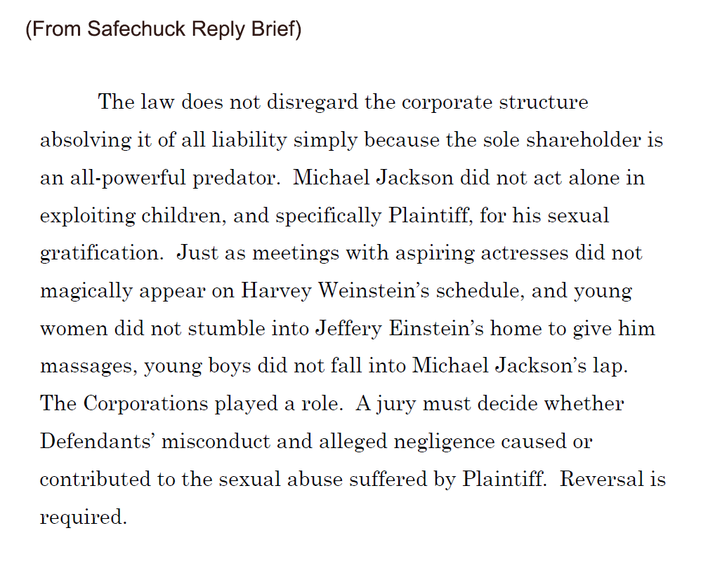 MJJRepository's tweet image. From Safechuck's Reply Brief 🤥

He compares himself to victims of Harvey Weinstein and Jeffery "Einstein" (nice proofreading) in how he was recruited to MJ.

Ignoring how it was Pepsi who recruited James &amp;amp; James who sent 1st letter to MJ—years before MJJ Ventures ever existed.