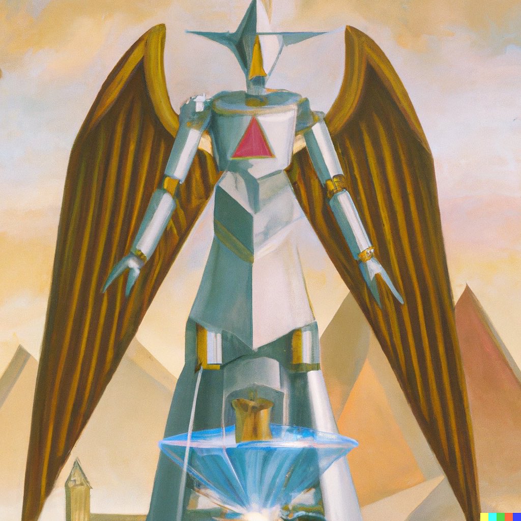 robotson's tweet photo. TEMPERANCE (cont): robot-themed tarot concept imagery generated with OpenAIās DALLā¢E 2 #dalle #dalle2 #temperancecard #temperancetarot itās ya boi https://t.co/62M4pGIzK5