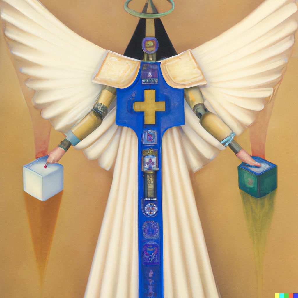 robotson's tweet photo. TEMPERANCE (cont): robot-themed tarot concept imagery generated with OpenAIās DALLā¢E 2 #dalle #dalle2 #temperancecard #temperancetarot itās ya boi https://t.co/62M4pGIzK5