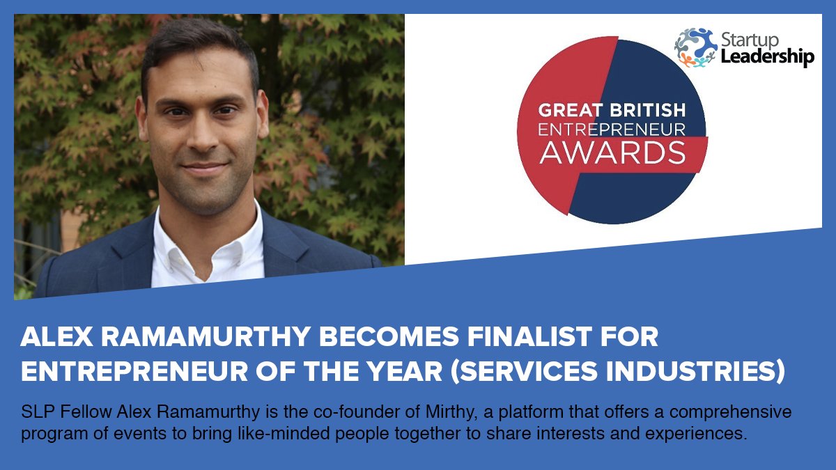 Startup Leadership (@startlead) on Twitter photo SLP Fellow <a href="/AlexRamamurthy/">Alex Ramamurthy</a>, the co-founder of <a href="/bemirthy/">Mirthy</a>, became a finalist for Entrepreneur of the Year (Services Industries) in <a href="/EntrepreneursGB/">Great British Entrepreneur Awards & Community</a> 2022 from London and the East of England. #Startupleadershipprogram #slp SLP Fellow <a href="/AlexRamamurthy/">Alex Ramamurthy</a>, the co-founder of <a href="/bemirthy/">Mirthy</a>, became a finalist for Entrepreneur of the Year (Services Industries) in <a href="/EntrepreneursGB/">Great British Entrepreneur Awards & Community</a> 2022 from London and the East of England. #Startupleadershipprogram #slp