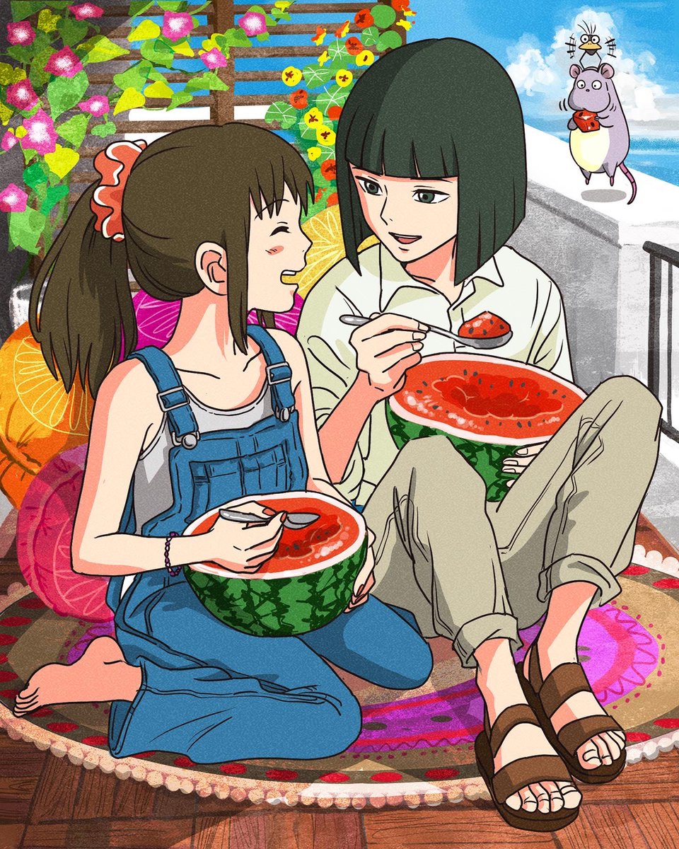 1girl food 1boy ponytail fruit watermelon overalls  illustration images