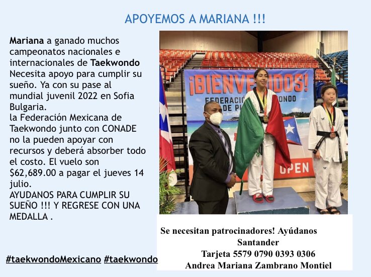ChechyGdl's tweet photo. #apoyomexicanos #hoypormariana #VamosConTodo #Taekwondo  Estimado y querido @RealGDT  sería un honor seas el padrino de Marianita para que cumpla su sueño competir un mundial y regrese con medalla 🥇 🙏 una tapatía en Bulgaria 🥇🥇🥇 ayúdanos un abrazo. https://t.co/H5tbW9PAjT