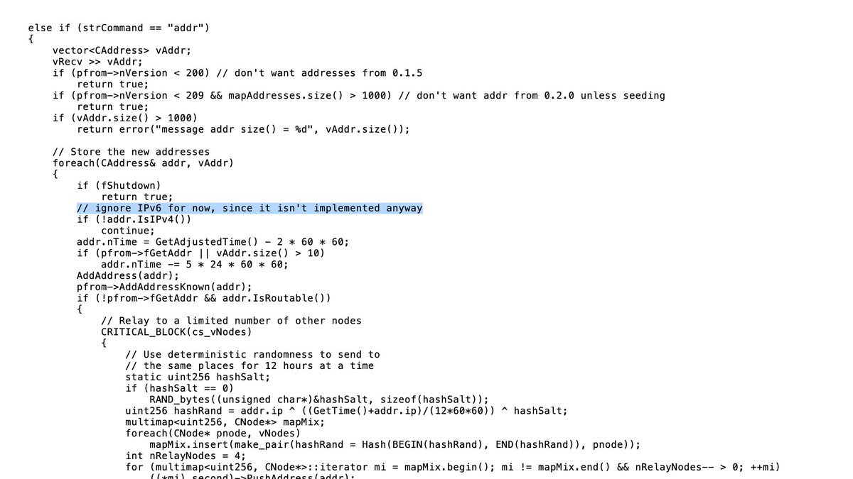 Craig Wright (2022): Bitcoin actually was IPv6 enabled in the first version of Bitcoin back in 2009. People don't realize that, it was turned off after I stopped being part of the development team

Satoshi Nakamoto (2010): ignore IPv6 for now, since it isn't implemented anyway