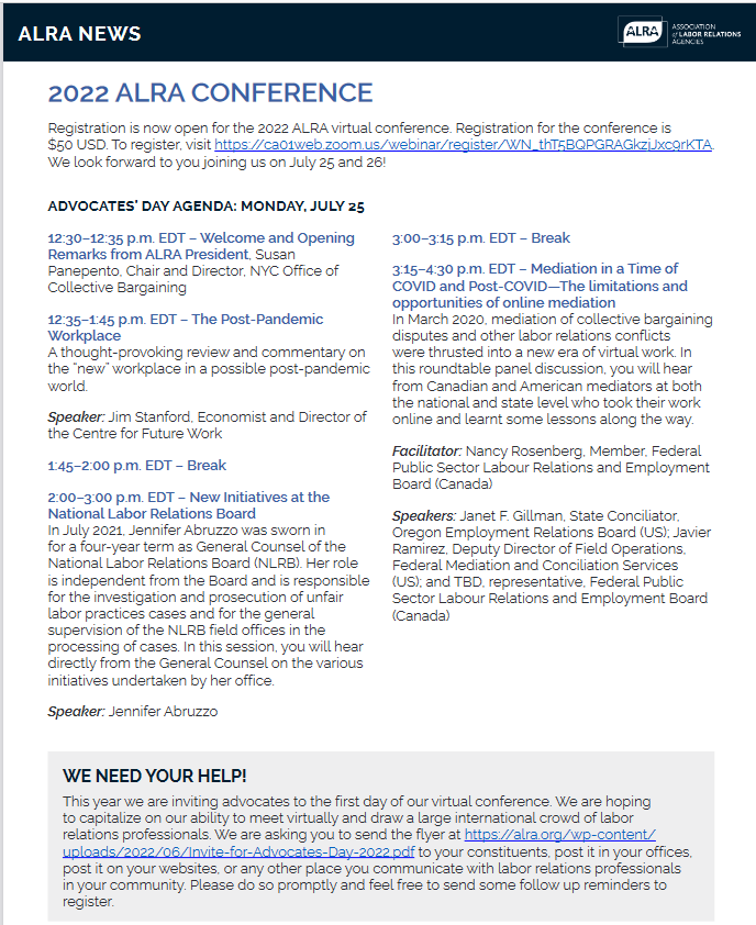 HigherEd_CB's tweet photo. Our friends at the Association of Labor Relations Agencies are holding their annual Advocates' Day on July 25 in a virtual format.  Speakers include @nlrbgc,@JimboStanford, and OERB's Janet Gilman.  Registration information is available here: https://t.co/N1EuoyBQfg https://t.co/sWqJa2kYtz